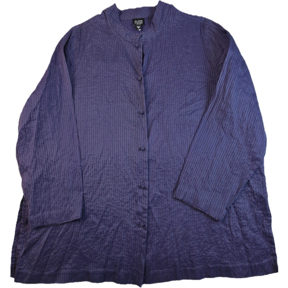Eileen Fisher Silk Cardigan Top Womens 1X Purple Pleated Mock Neck Button Front